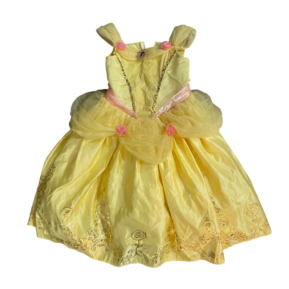 Disney Princess Belle Costume Dress Yellow Gold Sequin Rosettes Girls Size 4-6X